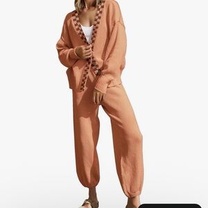 Women's Peach Knit Lounge Set - Relaxed Cardigan & Joggers
